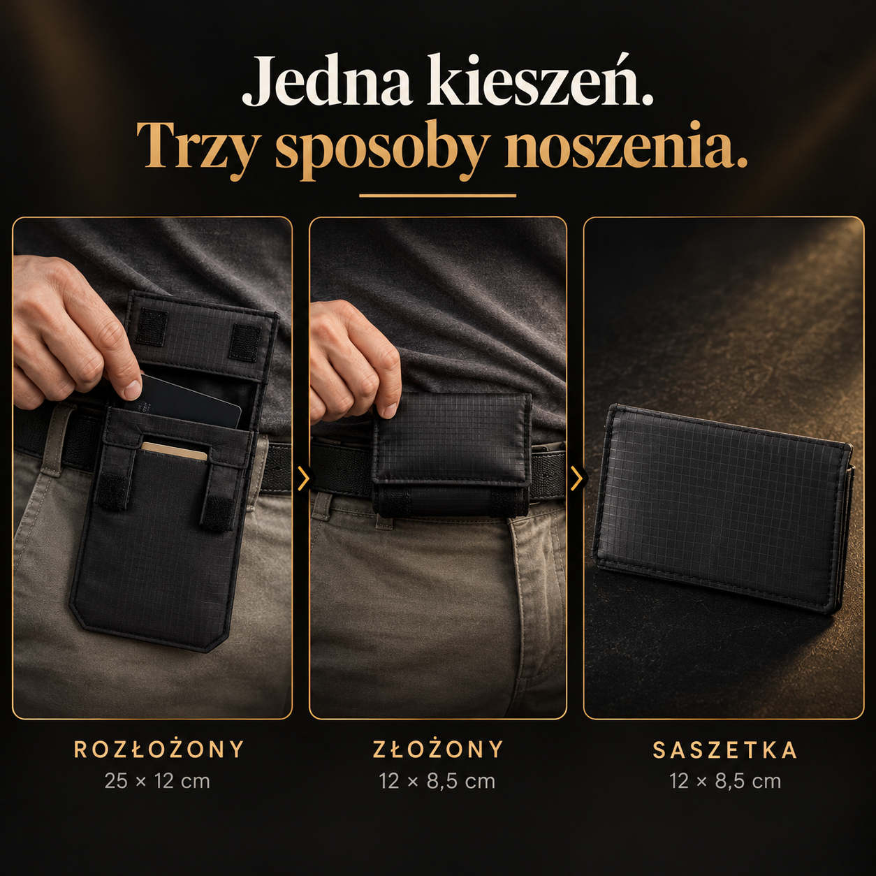 PocketZero - trzy sposoby noszenia: rozłożony, złożony i jako saszetka